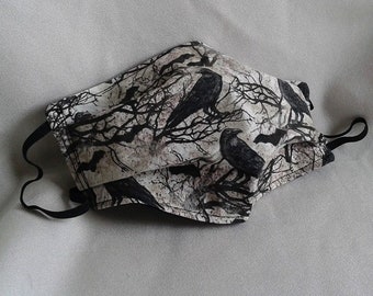 Crows and Bats Face Mask / Halloween Mask / Fall Mask / Tie on Face Mask / Ear Elastic Mask / Adult Size Mask / Machine Washable Mask