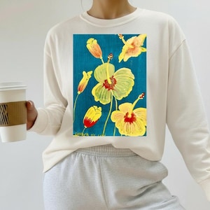 Hawaiian Hibiscus Art Long Sleeve Shirt, Hand Painted Floral Tee, Ukrainian Inspired Design, Tropical Floral Shirt, Cozy Gift for Her