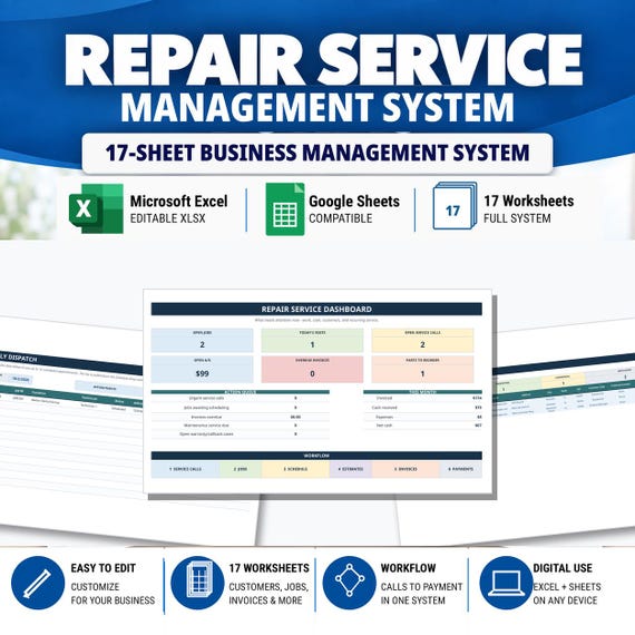 May include: A digital repair service management system featuring 17 worksheets compatible with Microsoft Excel and Google Sheets. The dashboard displays a repair service overview with sections for open jobs, invoices, and workflow tracking.