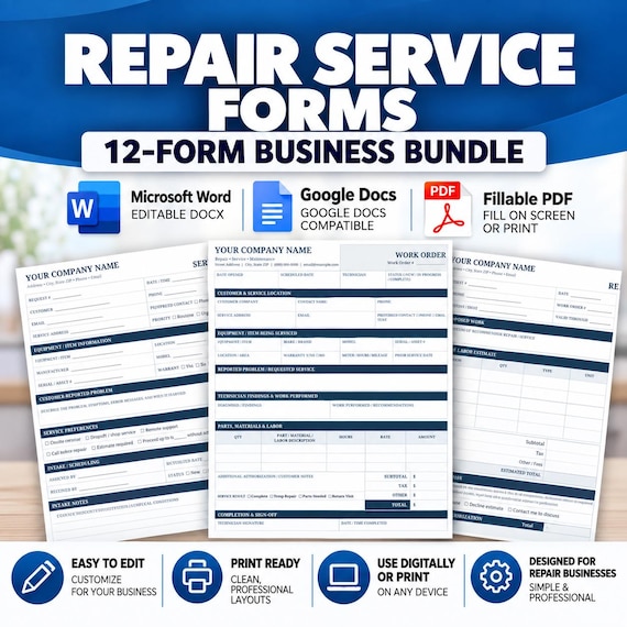 May include: A 12-form business bundle for repair services featuring white documents with blue headers and text. Includes Microsoft Word, Google Docs, and fillable PDF formats. The forms contain fields for company name, customer details, equipment info, and work orders.