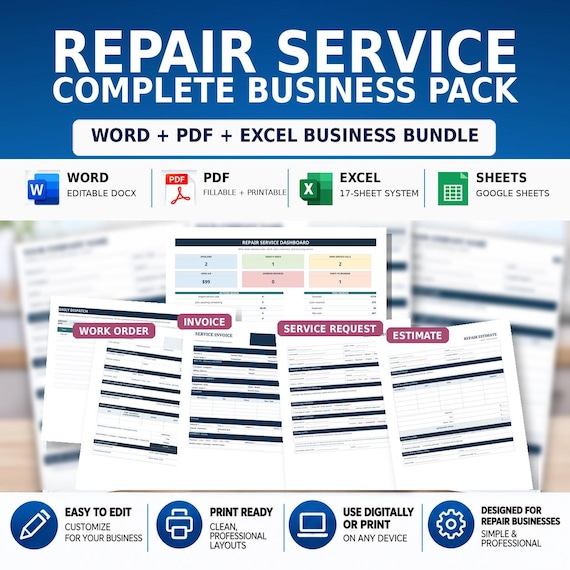 May include: A digital business bundle for repair services featuring a dashboard, work order, invoice, service request, and estimate templates. Includes Word, PDF, Excel, and Google Sheets formats with professional layouts for digital or print use.