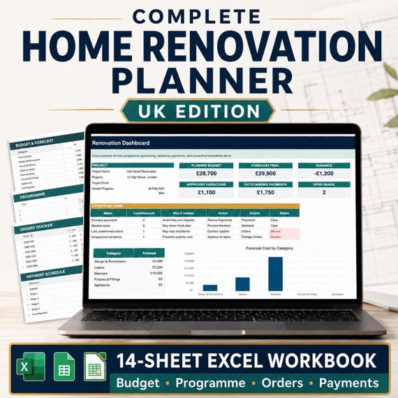 May include: A digital home renovation planner displayed on a laptop screen, featuring a renovation dashboard with budget, forecast, and project tracking tables. The workbook includes 14 sheets for managing costs, programs, orders, and payments in a UK format.