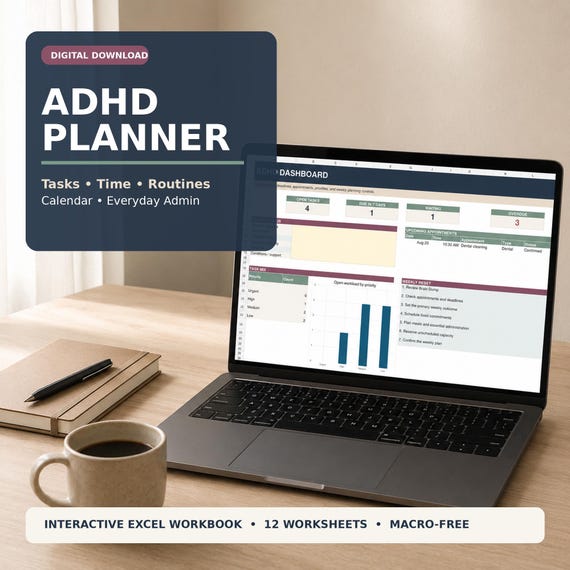 ADHD Planner Excel Spreadsheet | Daily Weekly Planner, Task Manager, Calendar, Routine & Medication Tracker