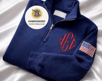 Embroidered J.E.E. Epstein Quarter Zip Sweatshirt, Jeffrey JEE Monogram Crewneck, USA flag Embroidery Sweatshirt , Jeffrey Epstein Merch