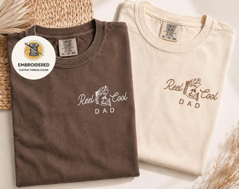 Embroidered Dad Fishing Comfort Colors® Shirt, New Dad Gift, Fathers Day Gift for Fisherman Dad, Pregnancy Announcement , Reel Cool Dad Tee