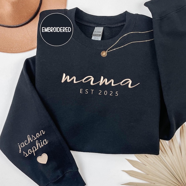 Embroidered Mama Sweatshirt , Personalized Kids Names & Date - Christmas New Mom Gift