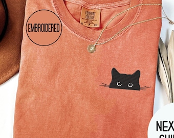 Embroidered Cat Peeking Comfort Colors Shirt: Funny Halloween Tee