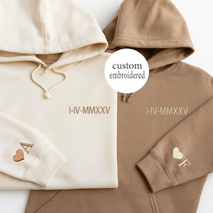 Personalized Embroidered Roman Numeral Hoodie: Custom Couple&#39;s Gift