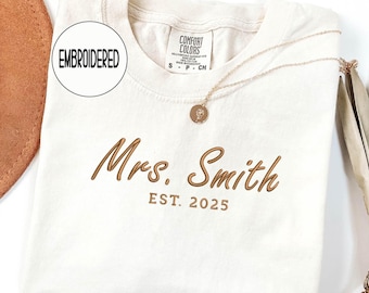 Embroidered Personalized Mrs. Shirt, Bride Shirt, Customized Last name shirt