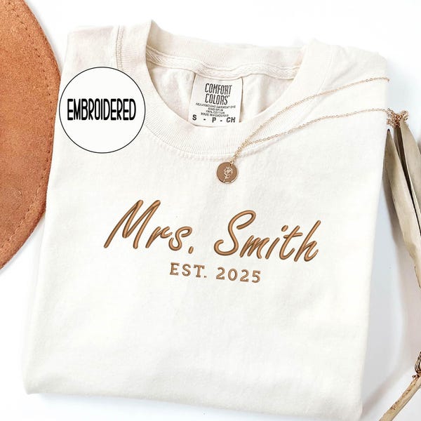 Embroidered Personalized Mrs. Shirt, Bride Shirt, Customized Last name shirt