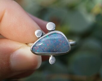 Size 9 Opal and Sterling Silver Horizontal Ring. Recycled Sterling Silver Ring. Silversmith. Handcrafted Jewelry. Rainbow Opal
