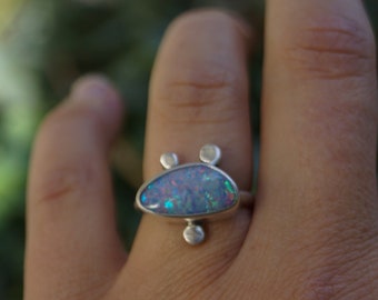 Size 4.5 Opal and Sterling Silver Horizontal Ring. Recycled Sterling Silver Ring. Silversmith. Handcrafted Jewelry. Rainbow Opal