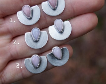 Pink Opal Earrings. Half Moon Earrings. Recycled Sterling Silver. Handcrafted Earrings. Opal Earrings. Stud earrings. Silversmith. Oregon