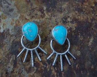 Turquoise Sun Ray Earrings: Oxidized Sterling Silver, Handmade