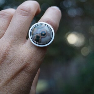 May include: A silver ring with a circular stone. The stone has a distinctive pattern of brown, green, and cream hues. The ring is set in a polished silver band.