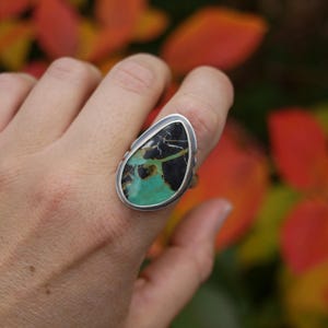 May include: A silver ring featuring a large, teardrop-shaped stone. The stone has a striking pattern of black, green, and brown hues. The ring is set against a blurred background of fall foliage.