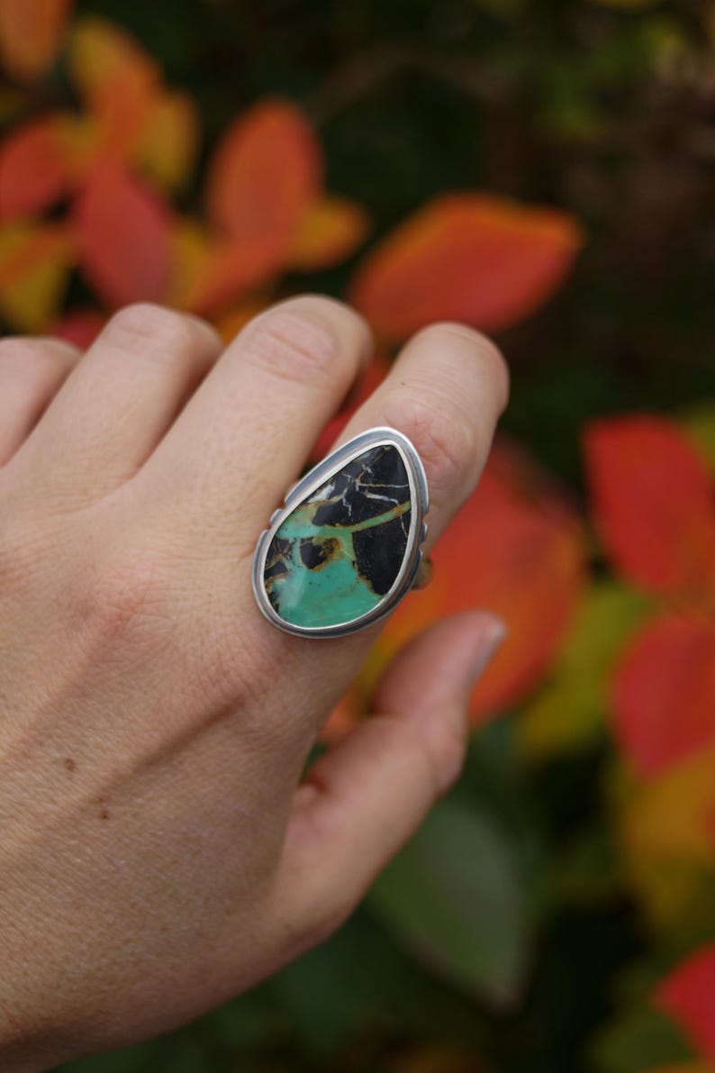 May include: A silver ring featuring a large, teardrop-shaped stone. The stone has a striking pattern of black, green, and brown hues. The ring is set against a blurred background of fall foliage.