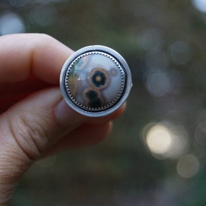 May include: A silver ring with a large, patterned stone. The stone has a cream base with brown and green circular markings. The ring is held in a hand against a blurred green background. The ring's setting has a decorative edge.