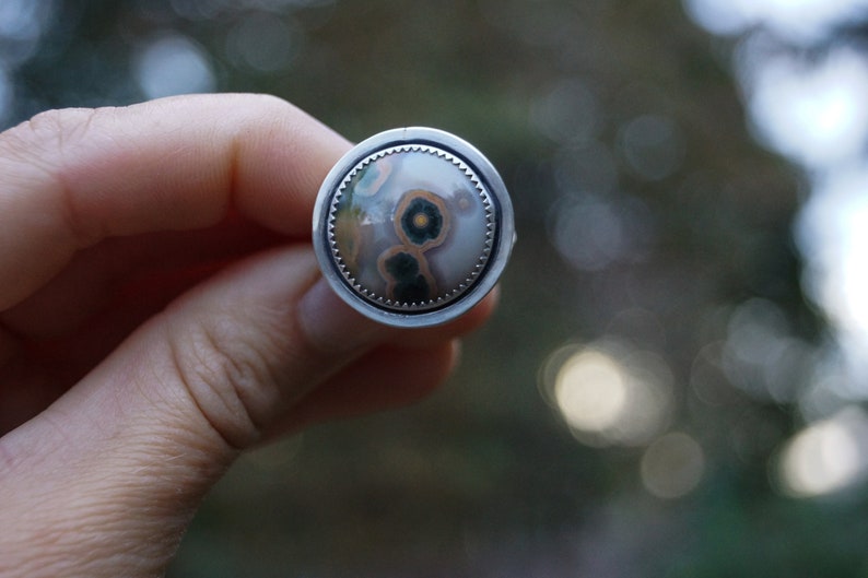 May include: A silver ring with a large, patterned stone. The stone has a cream base with brown and green circular markings. The ring is held in a hand against a blurred green background. The ring's setting has a decorative edge.