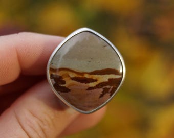 Size 7 Dead Camel Jasper Ring. Sterling Silver Ring. Picture Jasper Ring. Statement Ring. Statement Ring
