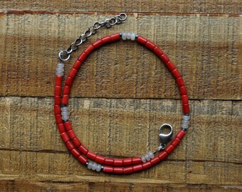 Red Coral and Rose Quartz Beaded Necklace.