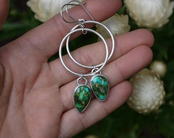 Sonoran Gold Turquoise Earrings. Fish hook Earring. Recycled Sterling Silver Earrings. Handcrafted Earrings. Turquoise Hoop Earrings.