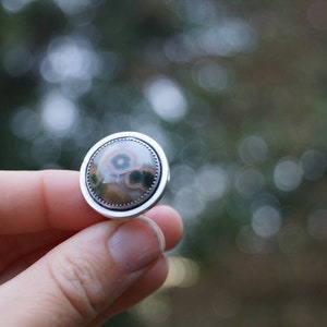 May include: A round, silver cufflink with a polished stone centre. The stone has a unique pattern of brown, green, and blue hues, set within a detailed silver border. The cufflink is held in a hand against a blurred green background.