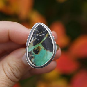 May include: A silver ring featuring a large, teardrop-shaped stone. The stone has a striking pattern of black, white, and turquoise green. The ring is set against a blurred background of fall foliage.