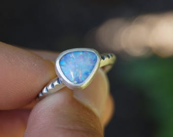 Size 6.5, Coober Pedy Opal Ring: Hand Stamped Recycled Sterling Silver