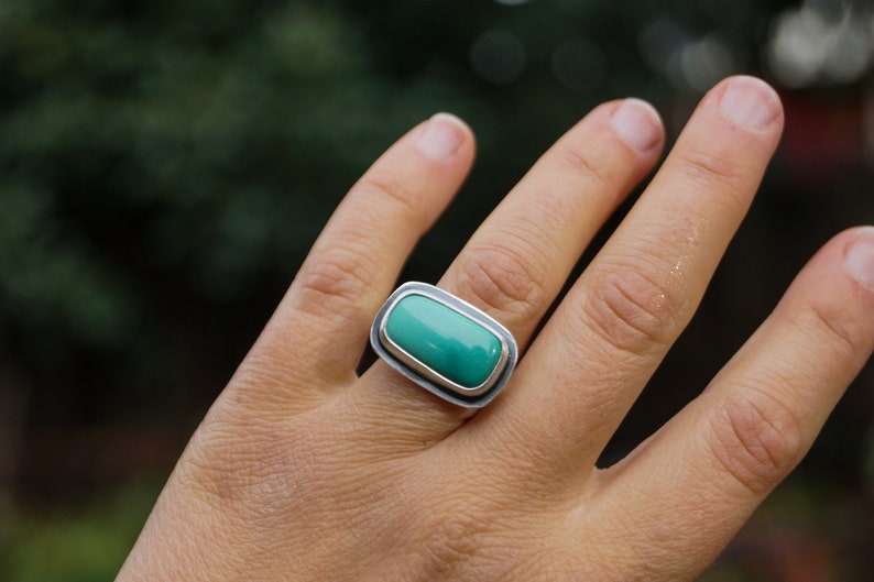 Size 5.75 // Carico Lake Turquoise Ring. Turquoise Ring. Horizontal Bar Ring. Statement Ring. Boho Ring. Recycled Sterling Silver. Oregon image 1