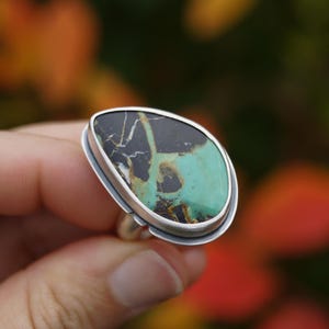May include: A silver ring featuring a large, teardrop-shaped stone. The stone has a striking pattern of black, turquoise, and brown hues. The ring's setting is a simple, polished silver band, highlighting the unique stone.