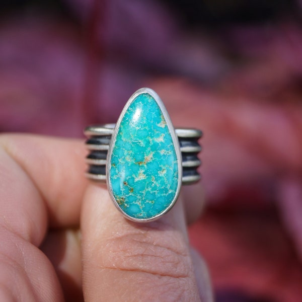 Size 7.25 Emerald Valley Turquoise. Wide Band Ring. Recycled Sterling Silver Ring. Thick Band Ring. Handcrafted Ring. Statement Ring.