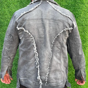 Distressed Grey Denim Jacket | Frayed Seam Streetwear Jacket | Vintage Washed Jean Jacket | Edgy Fashion Outerwear for Men & Women