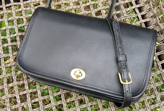 Vintage Coach Bag Penny Pocket Bag in Black Leather Crossbody 