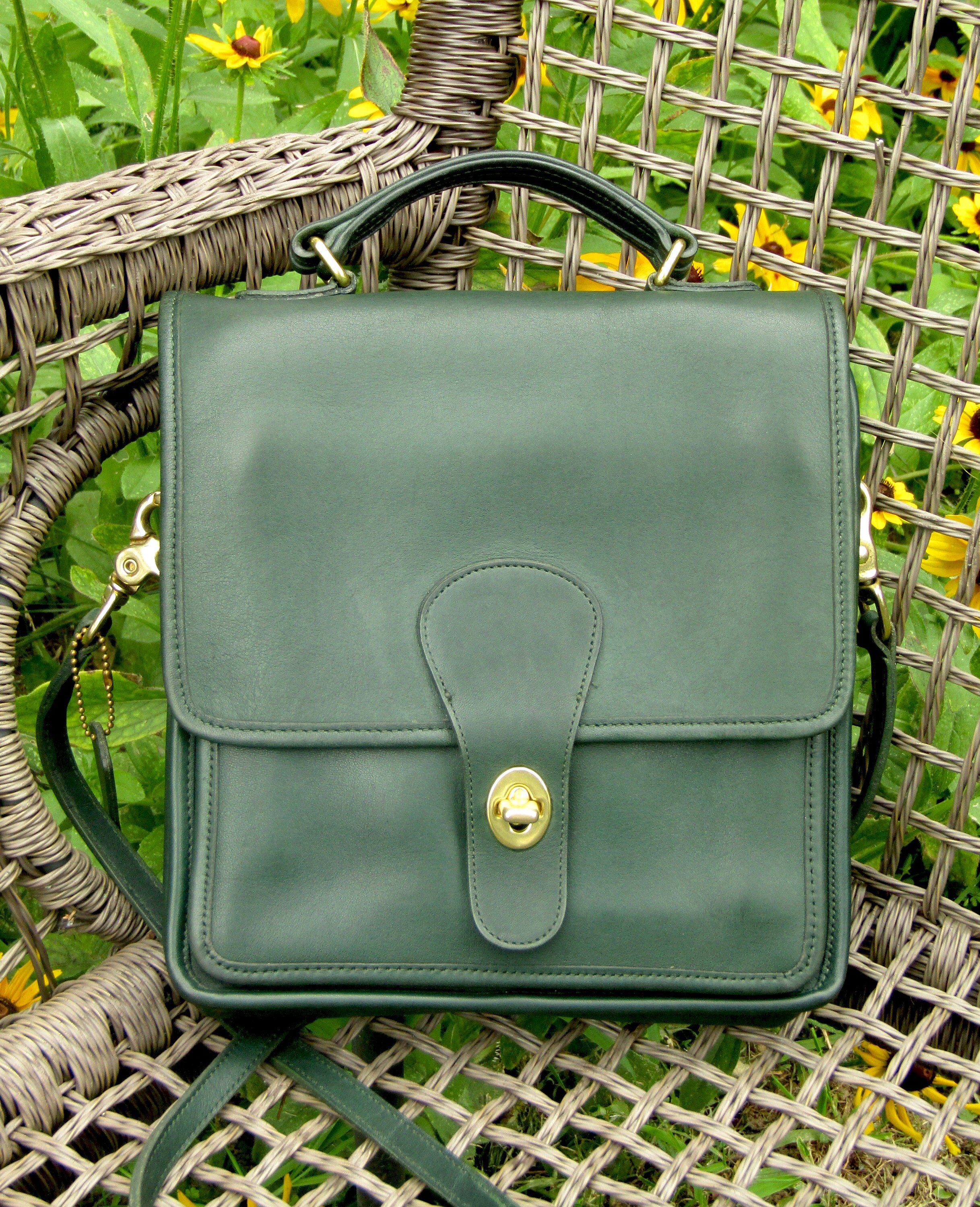 Vintage Coach Bag Station Bag in Forest Green Leather Coach 