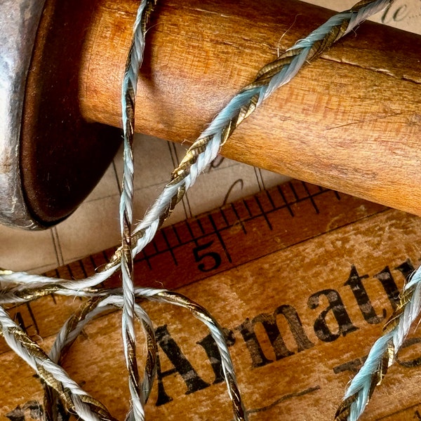 Beautiful Rare Antique metallic gold and palest blue very narrow tiny soutache trim, One yard with more available