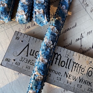 Beautiful Antique Chenille woven trim in French blue and cream , one yard with more available
