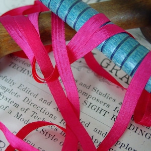 Vintage French woven edge SILK and RAYON narrow ribbon in gorgeous American Beauty deep rose pink, 3 yards