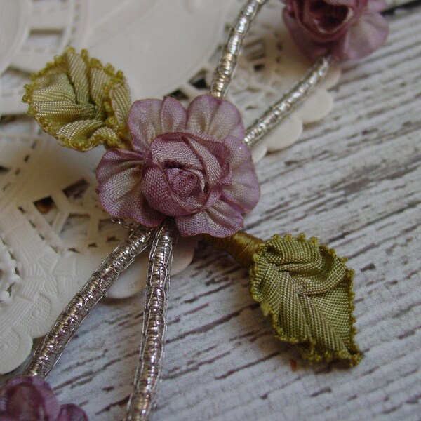 Gorgeous 1920s or earlier silk ribbon work appliqué in with lilac rosebuds and metallic silver
