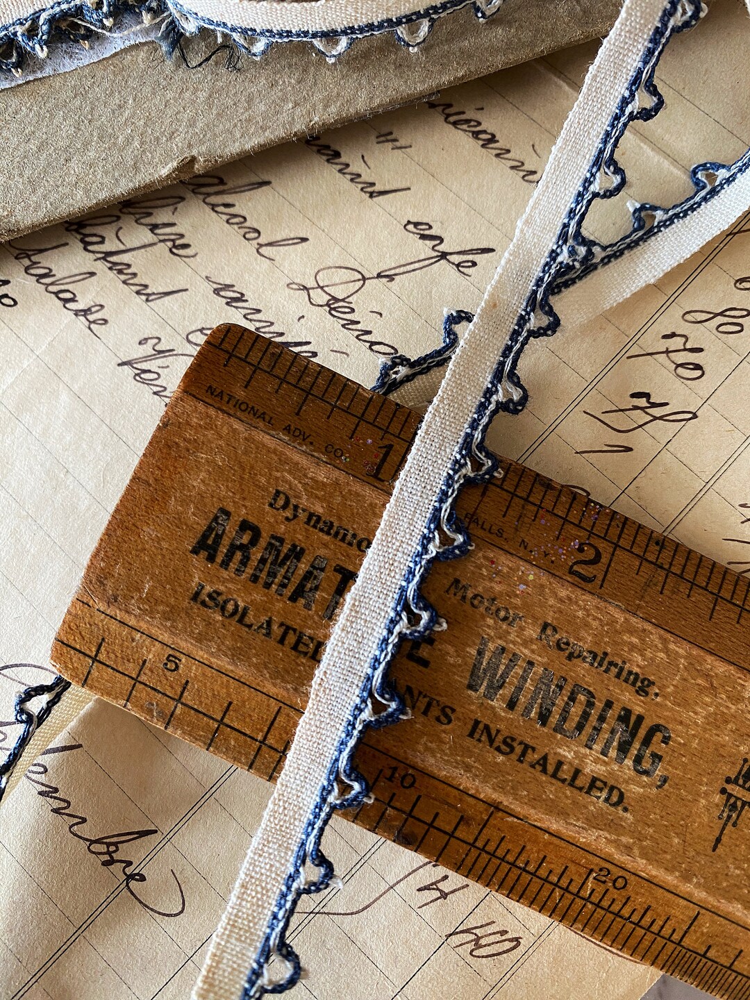 Antique Primitive Look Trim or Lace, off White With Indigo Blue Picot ...