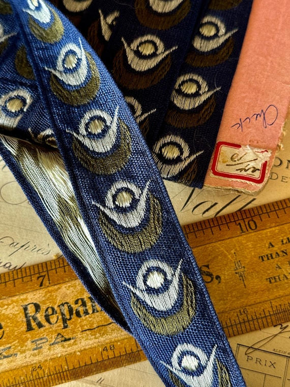 Lovely French Art Deco woven ribbon in Navy Blue with Grey accents and Dark Olive, one yard with more available