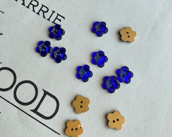 Charming very small ANTIQUE glass cobalt blue flower buttons, lot of 12