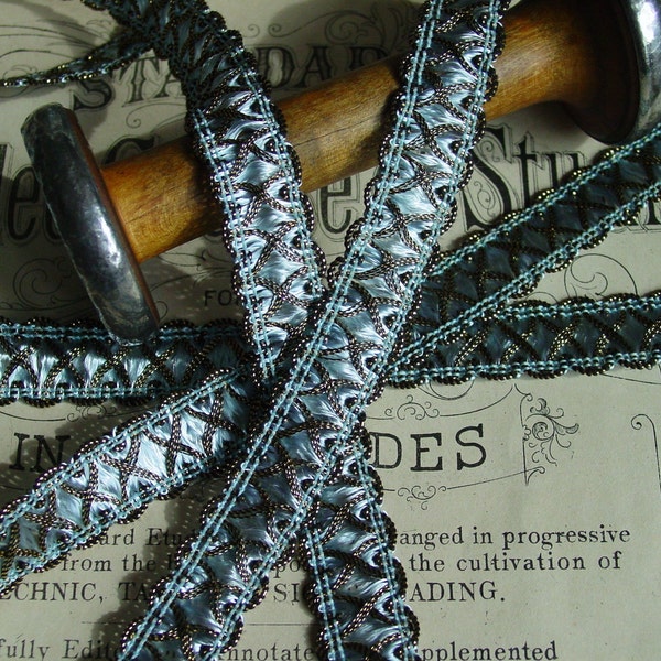 Beautiful VINTAGE light blue metallic gold fancy passementerie FRENCH braided trim, one yard