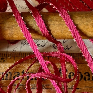 Very old beautiful Rare French ANTIQUE Narrow Raspberry Pink with metallic gold picots ribbon, 1 yard with more available