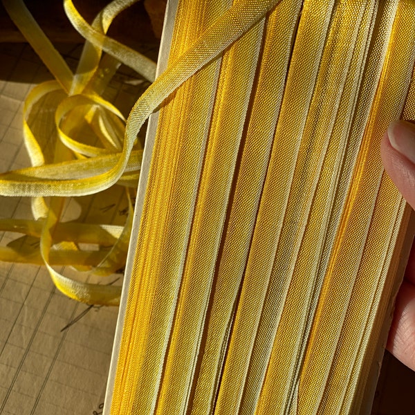 Antique Genuine French woven edge narrow OMBRE YELLOW ribbon for ribbonwork, 2 yards