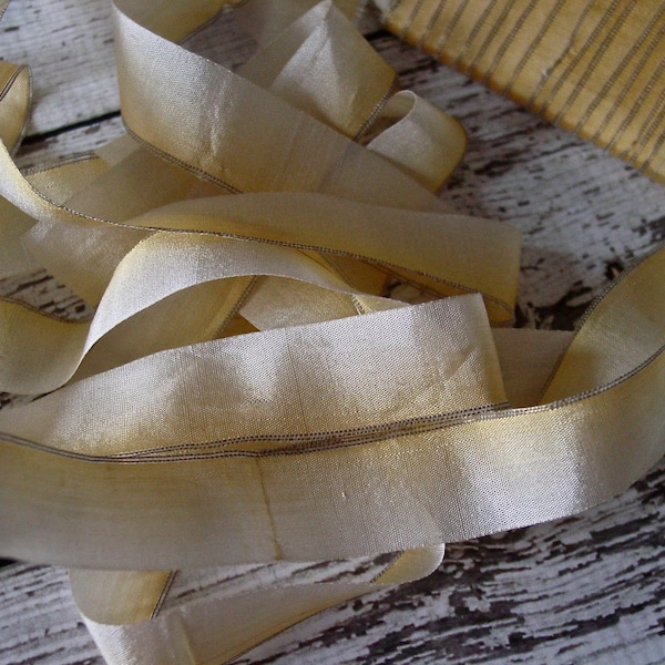 Beautiful Old Antique French Ombre Silk Ribbon with Metallic Gold Edging, early 1920s, half yard with more available
