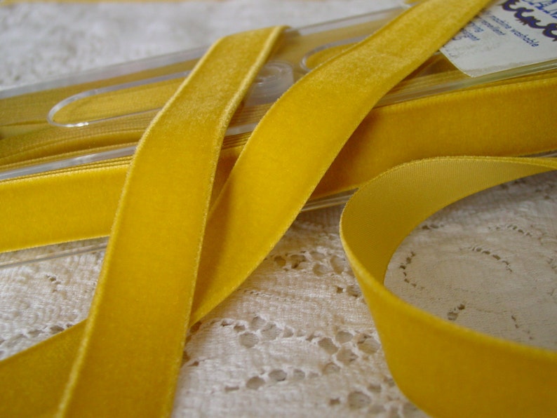 Beautiful Mustard Yellow rayon VELVET ribbon, vintage, one yard image 1