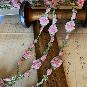 Beautiful Antique Rare French 1920s-30s ribbon rosette rococo trim in pretty soft ombre pinks and greens, unused, NOS, 12 inches
