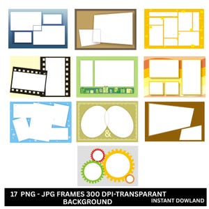 May include: A collection of 17 PNG and JPG frames with a transparent background. The frames are in various shapes and sizes, including rectangles, film strips, and gears. The color palette includes white, blue, green, yellow, and brown.