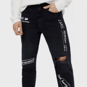 Bershka Black Distressed Graffiti Ripped Knee Jeans Size S